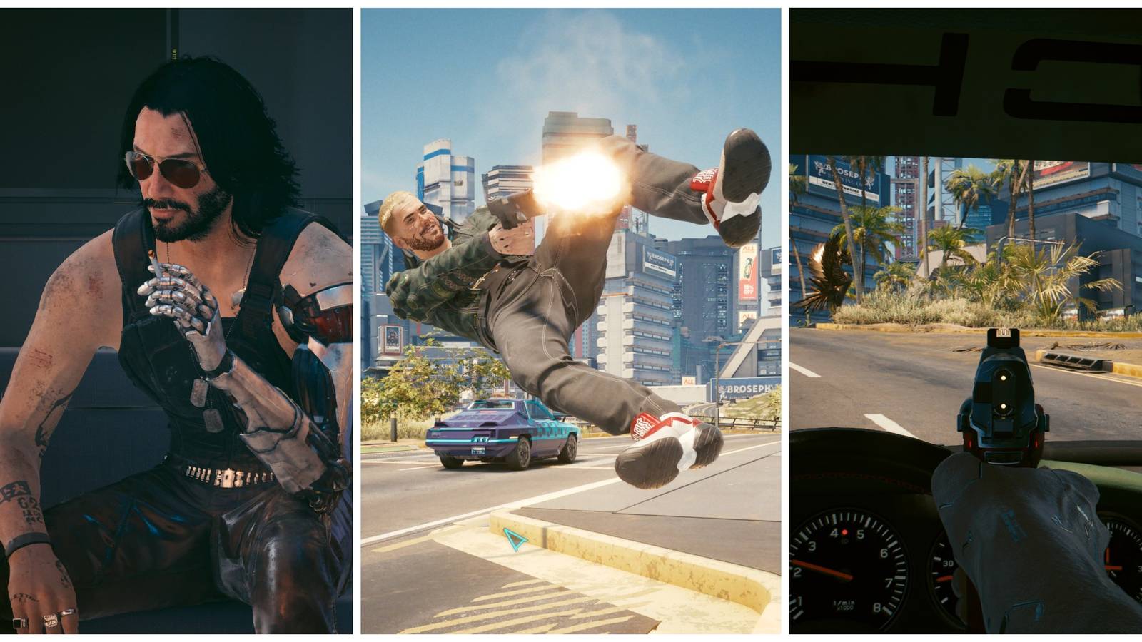 johnny silverhand sitting down, v shooting a pistol in mid-air, shooting a gun in a car in Cyberpunk 2077