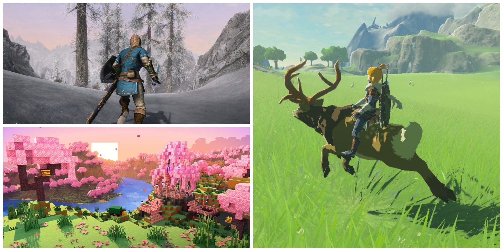 Top-left: Skyrim's Dragonborn in a snow-covered forest. Bottom-left: Cherry blossoms in Minecraft. Right: Link riding a deer in an open field in The Legend of Zelda: Breath of the Wild.