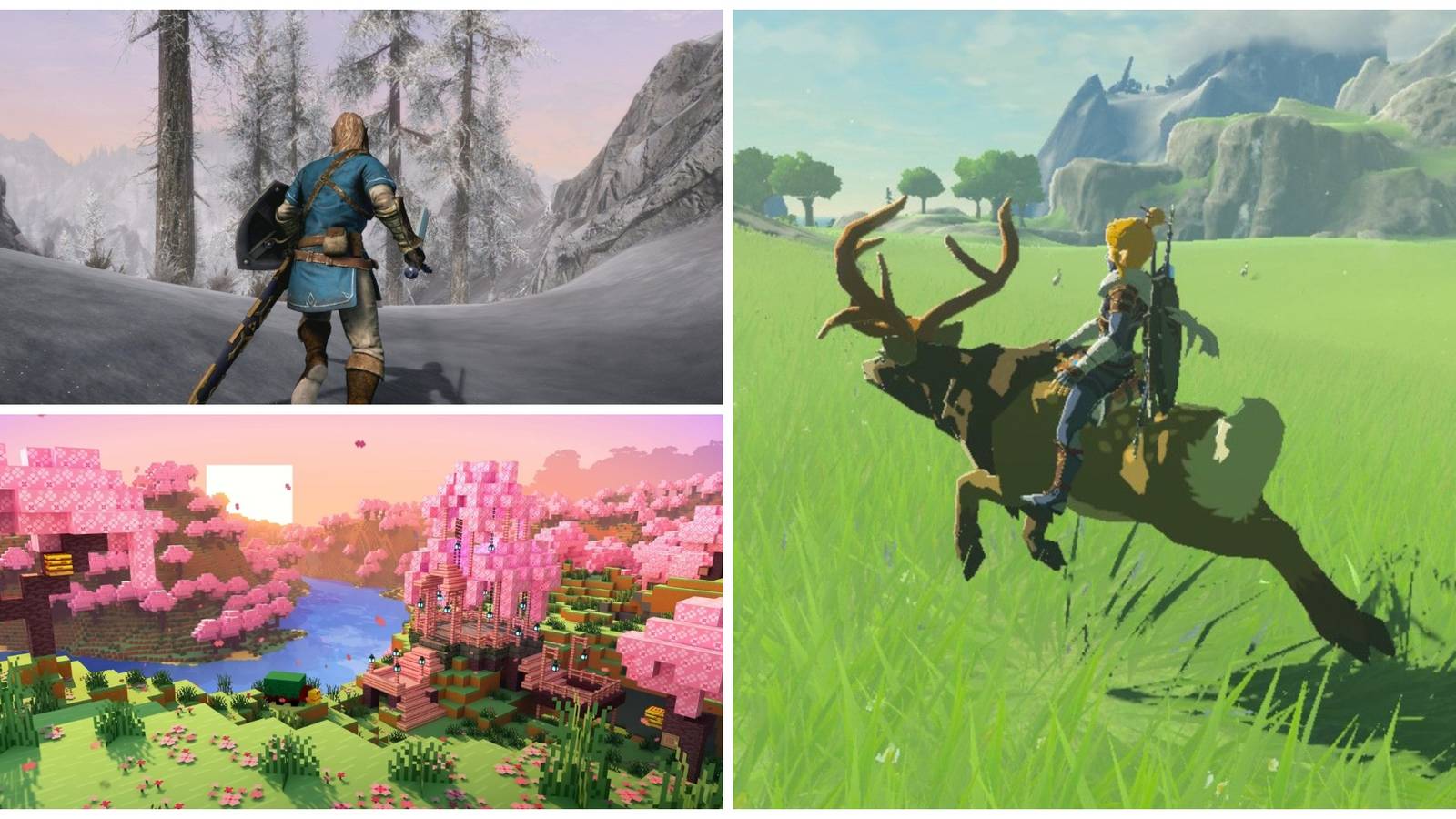 Top-left: Skyrim's Dragonborn in a snow-covered forest. Bottom-left: Cherry blossoms in Minecraft. Right: Link riding a deer in an open field in The Legend of Zelda: Breath of the Wild.