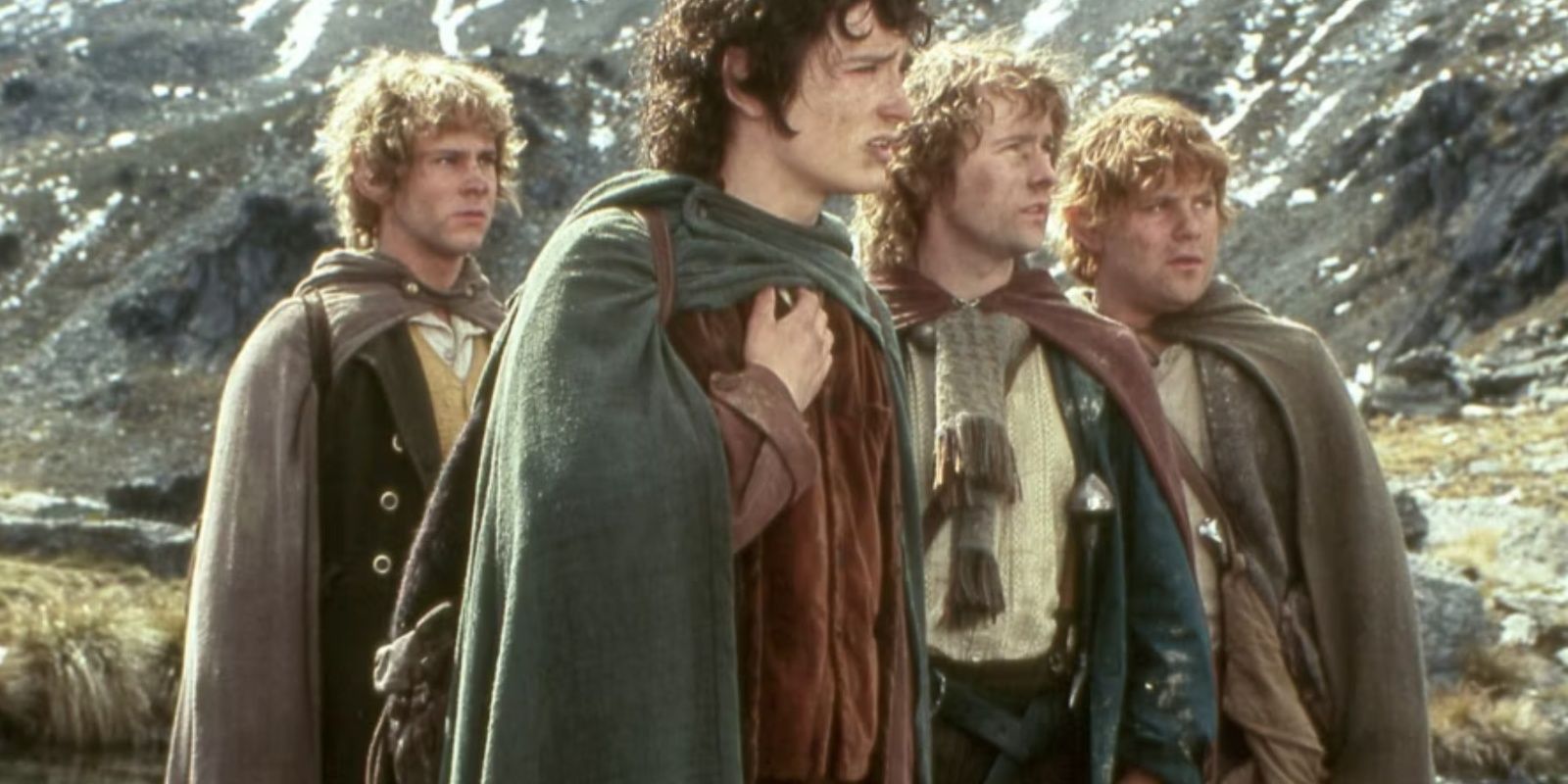 Dominic Monaghan as Merry. Elijah Wood as Frodo. Billy Boyd as Pippin. Sean Astin as Sam in The Lord of the Rings: The Fellowship of the Ring