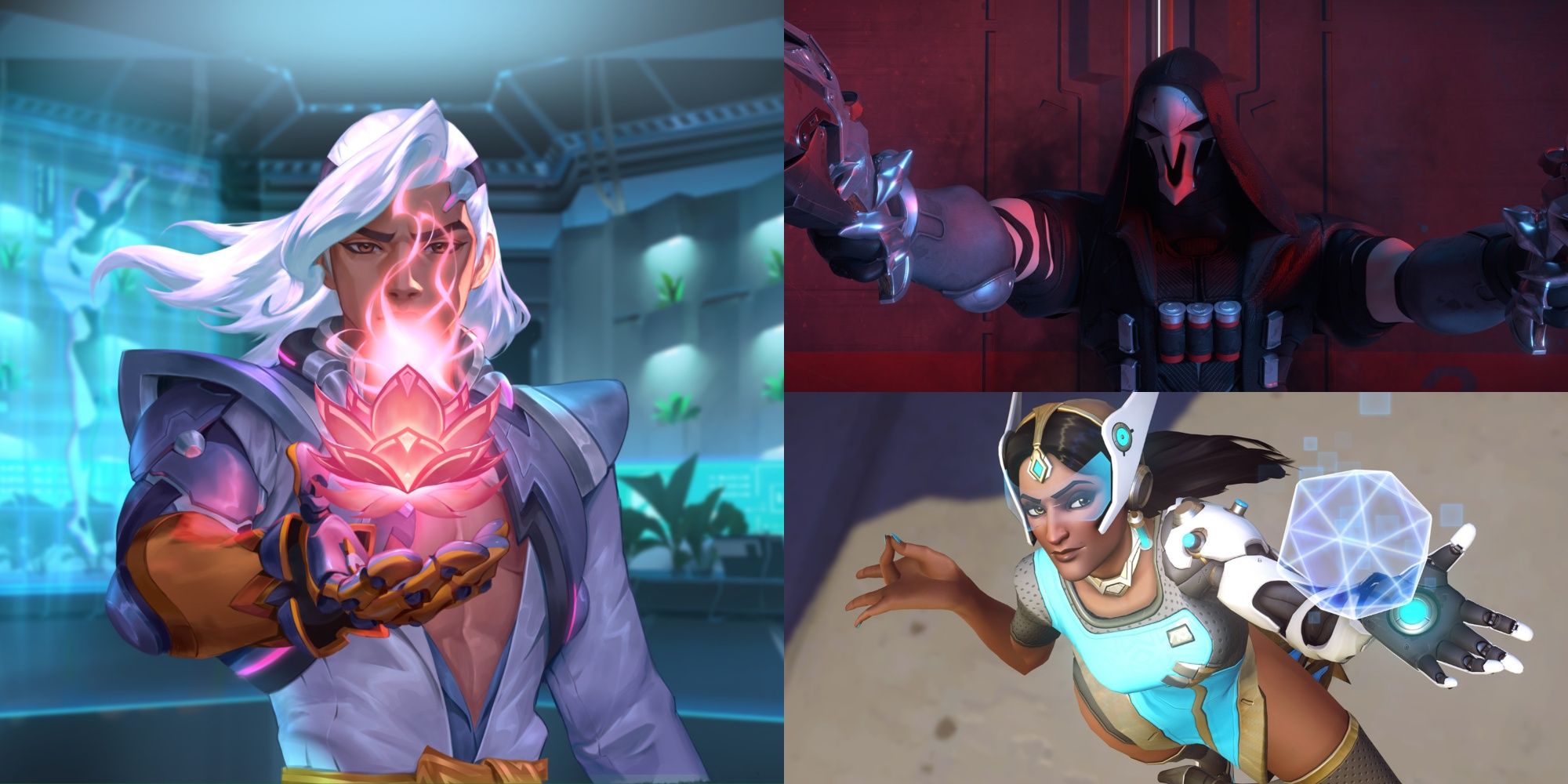 Overwatch 2 heroes. Lifeweaver (left), Reaper (top right), Symmetra (bottom right)