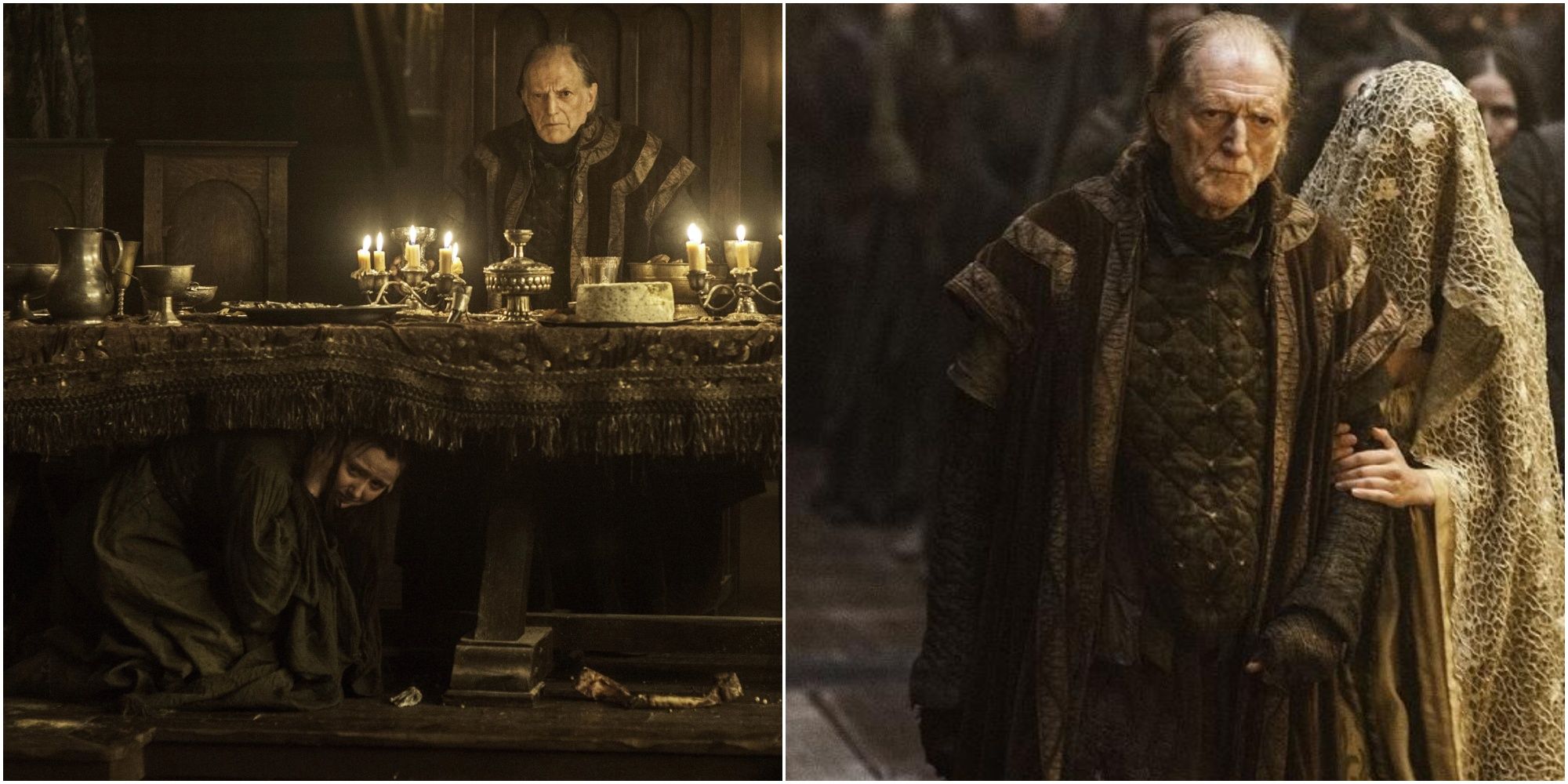 Split image of Walder Frey and Joyeuse Frey at the Red Wedding and Frey walking Roslin down the aisel in Game of Thrones.