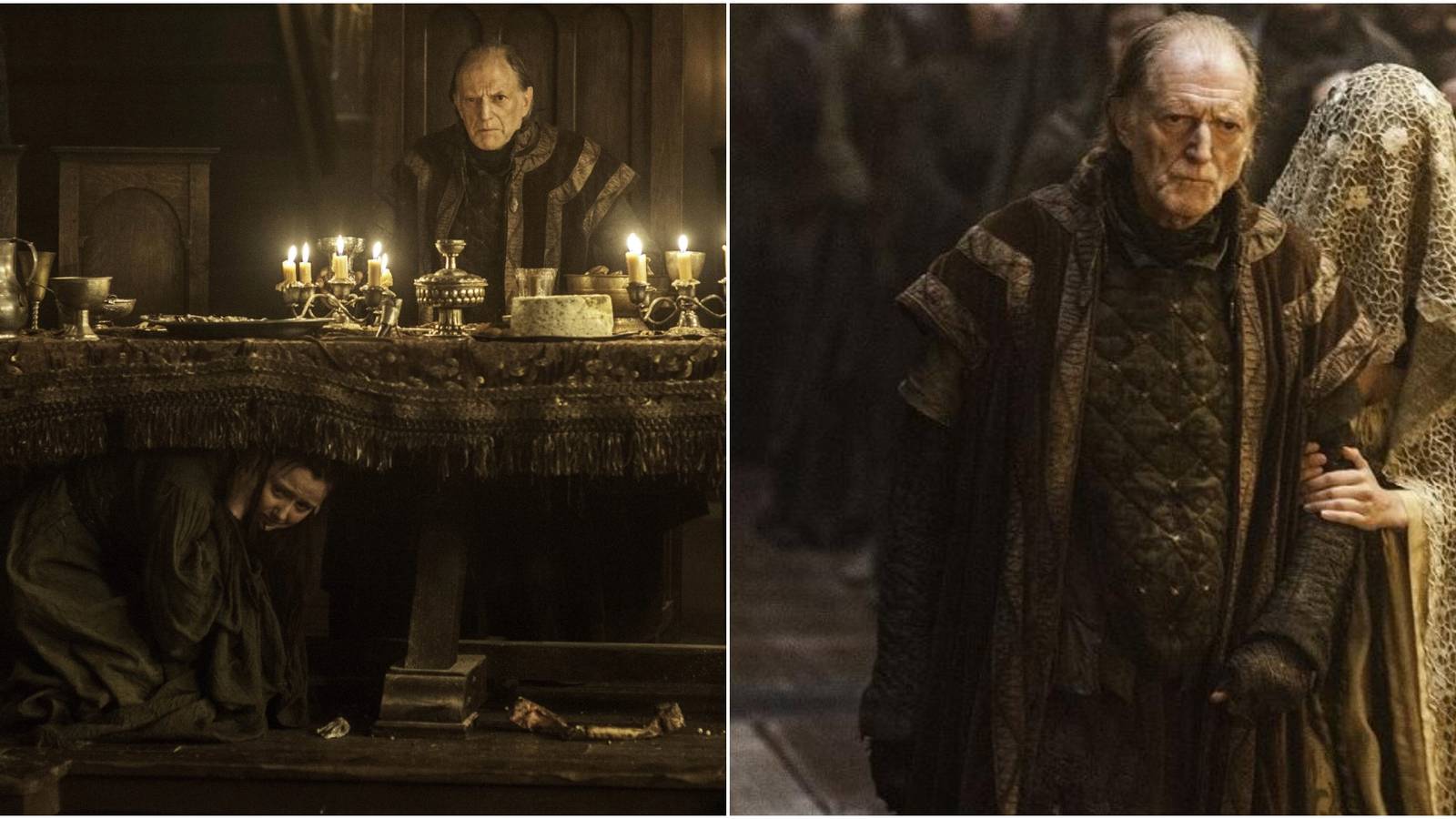 Split image of Walder Frey and Joyeuse Frey at the Red Wedding and Frey walking Roslin down the aisel in Game of Thrones.