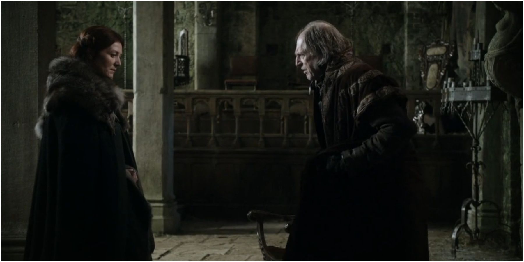 Catelyn Stark meets Lord Walder Frey in Game of Thrones.