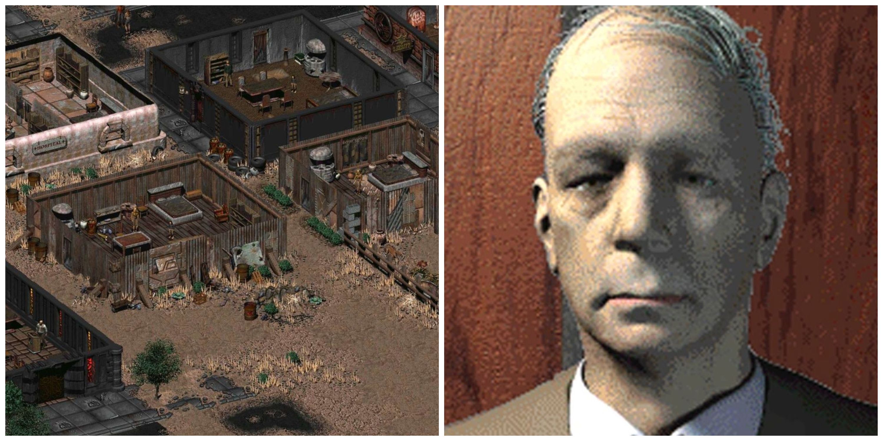 An overview shot of buildings and Dick Richardson in Fallout 2