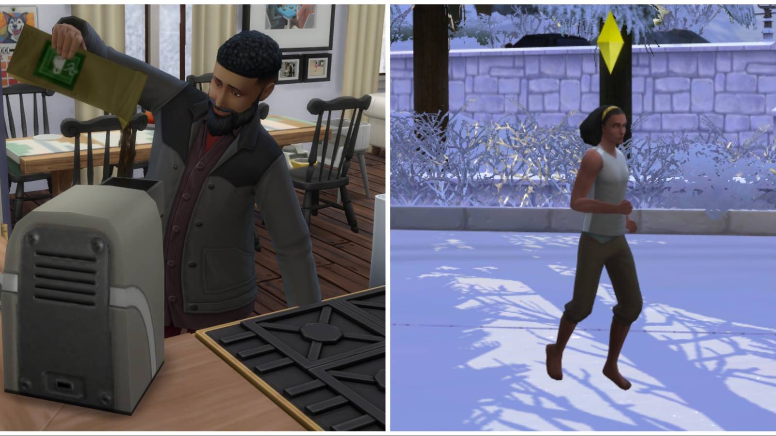 sim making coffee and sim jogging