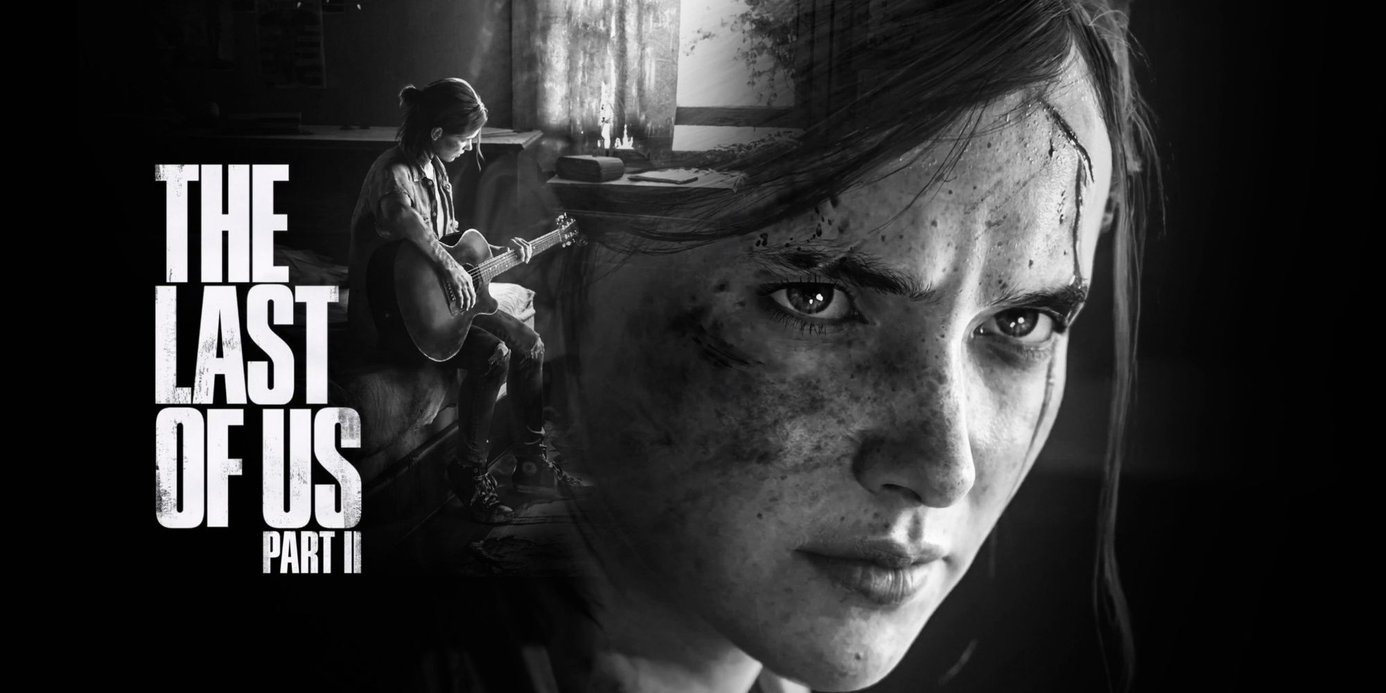 The Last of Us Part 2 game art featuring Ellie playing guitar and a close-up of her face
