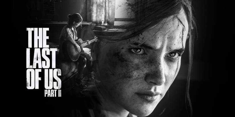 The Last of Us Part 2 game art featuring Ellie playing guitar and a close-up of her face