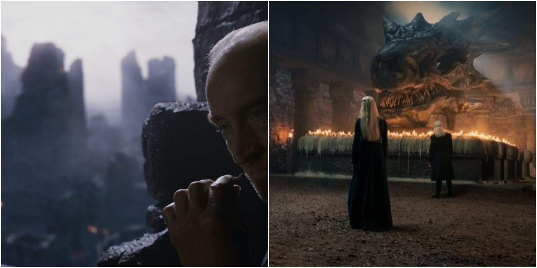 Tywin Lannister at Harrenhal in Game of Thrones and Balerion's skull in House of the Dragon.