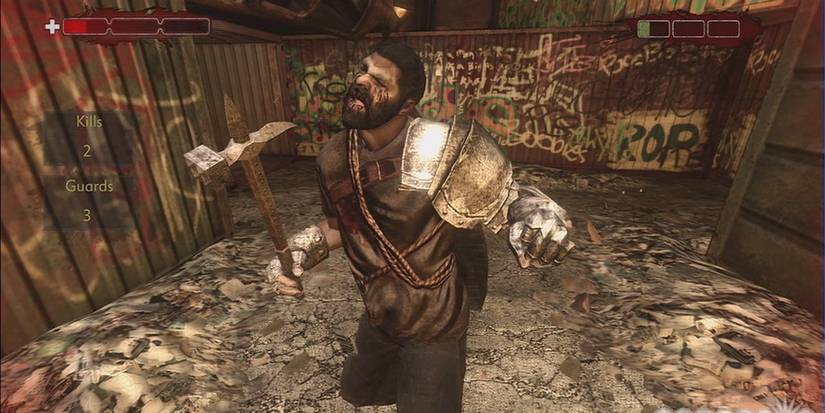 An enemy winces after a blow while holding a large hammer