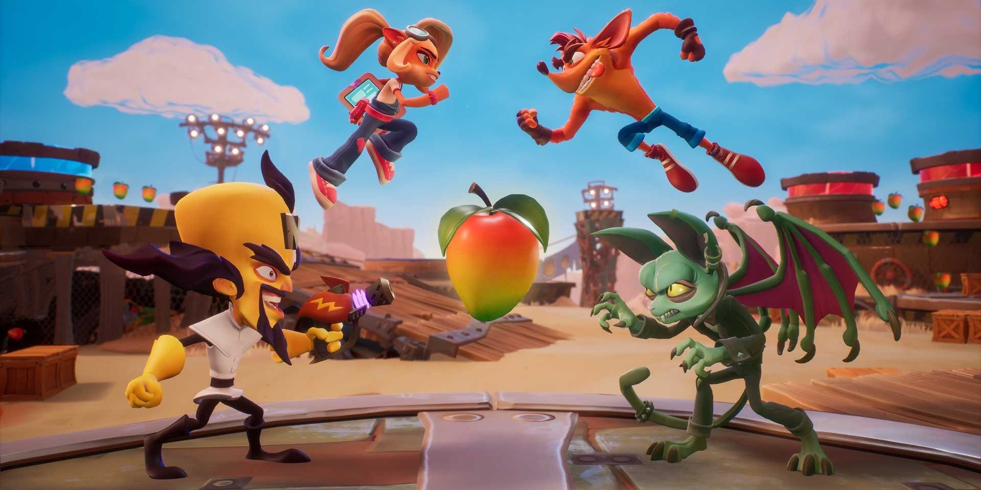 A Wumpa Fruit floats in the middle of the screen while Coco and Crash leap at each other and Cortex points a gun at Catbat