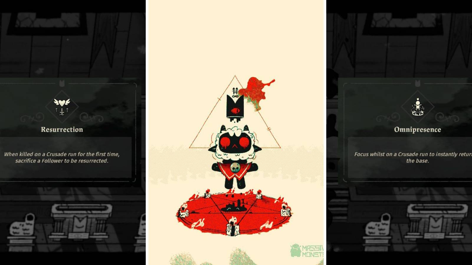 A grid showing two crown upgrades and the lamb in Cult Of The Lamb 