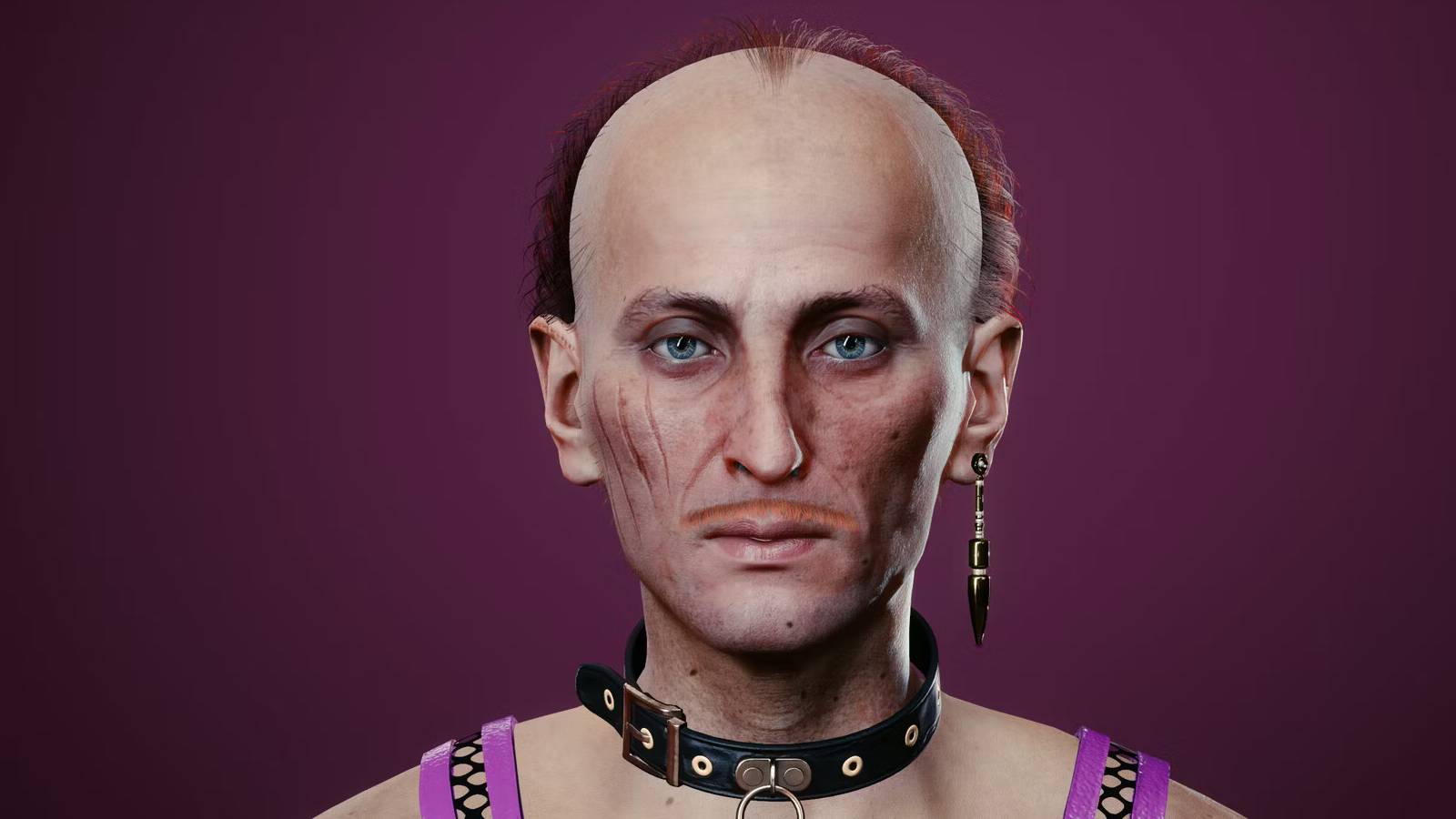 An image of Fingers from Cyberpunk 2077 staring at the camera against a purple background.