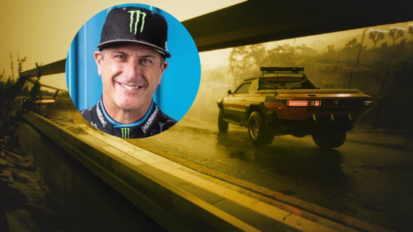 Cyberpunk 2077 Aldecaldos car breezing down road next to Ken Block Twitter profile image
