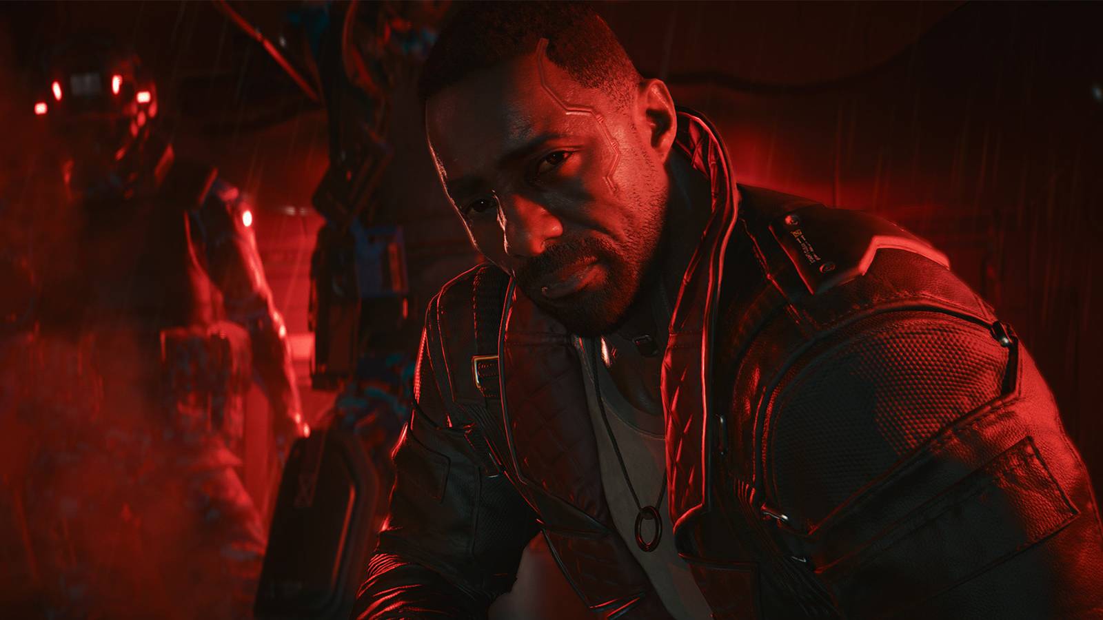 A screenshot of Idris Elba as Solomon Reed against a red light in Cyberpunk 2077: Phantom Liberty.