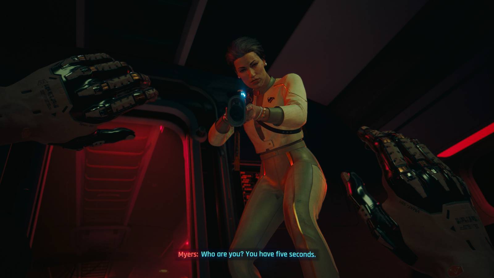 president myers pointing her gun at v