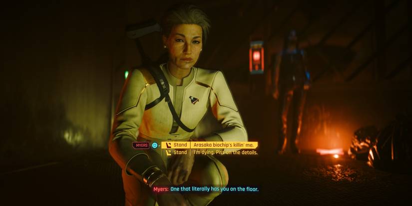 president myers talking to v with johnny silverhand watching