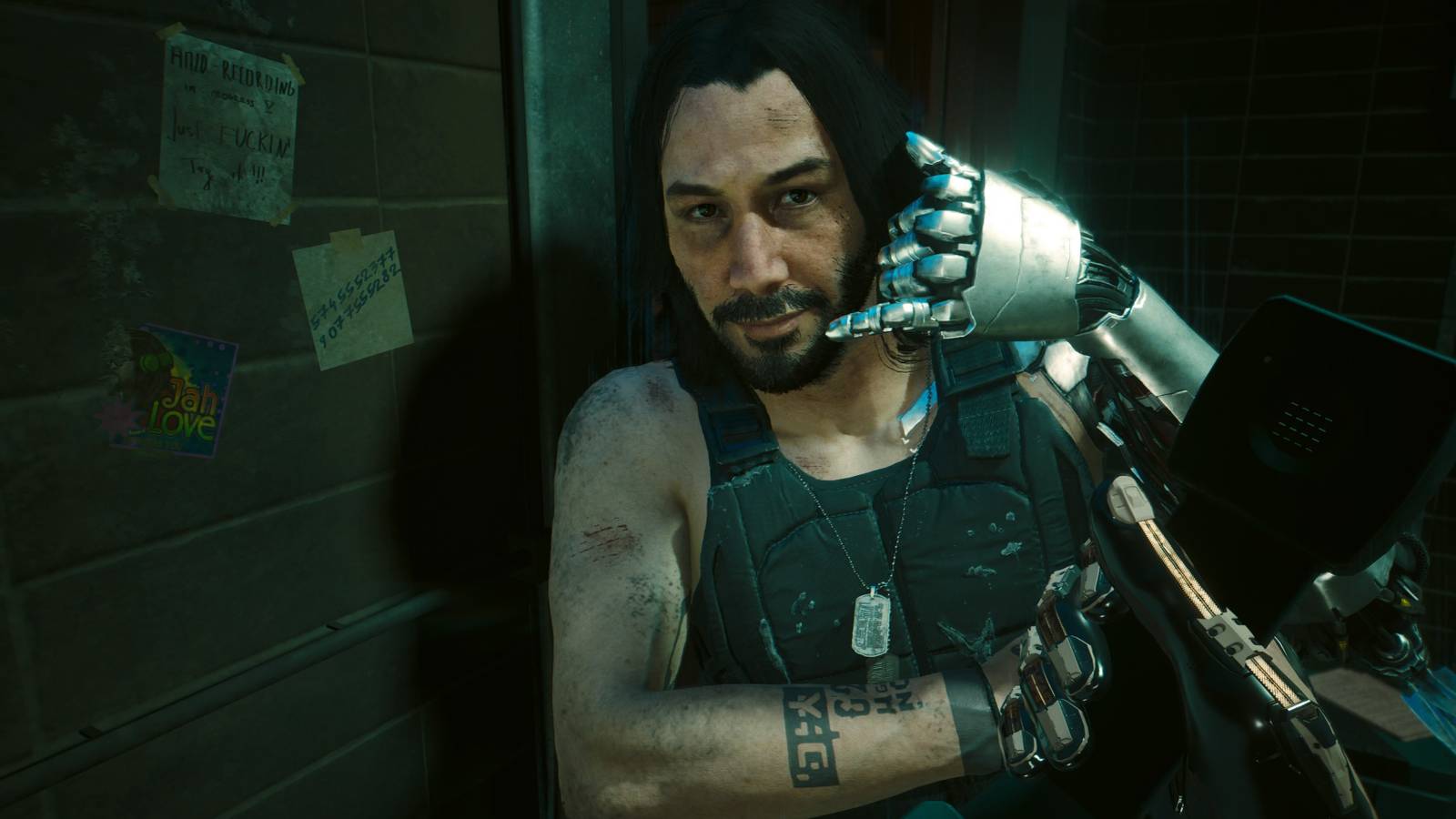 johnny silverhand making a phone sign with his hand