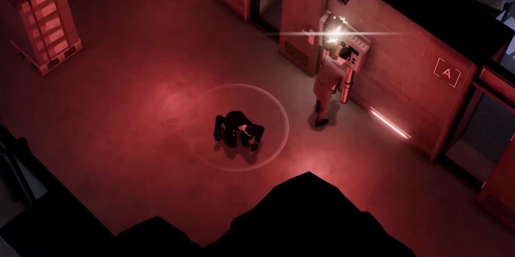 A screenshot of Cypher 007, showing James Bond sneaking past an enemy in a red-lit room.