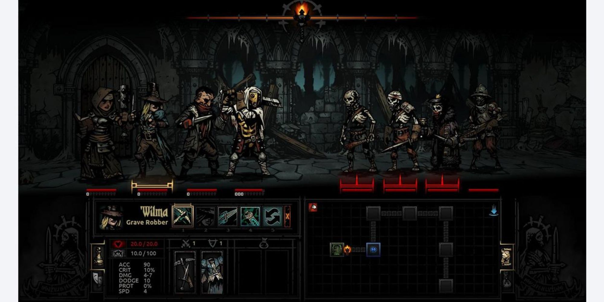 A player's party facing a party of zombies in Darkest Dungeon