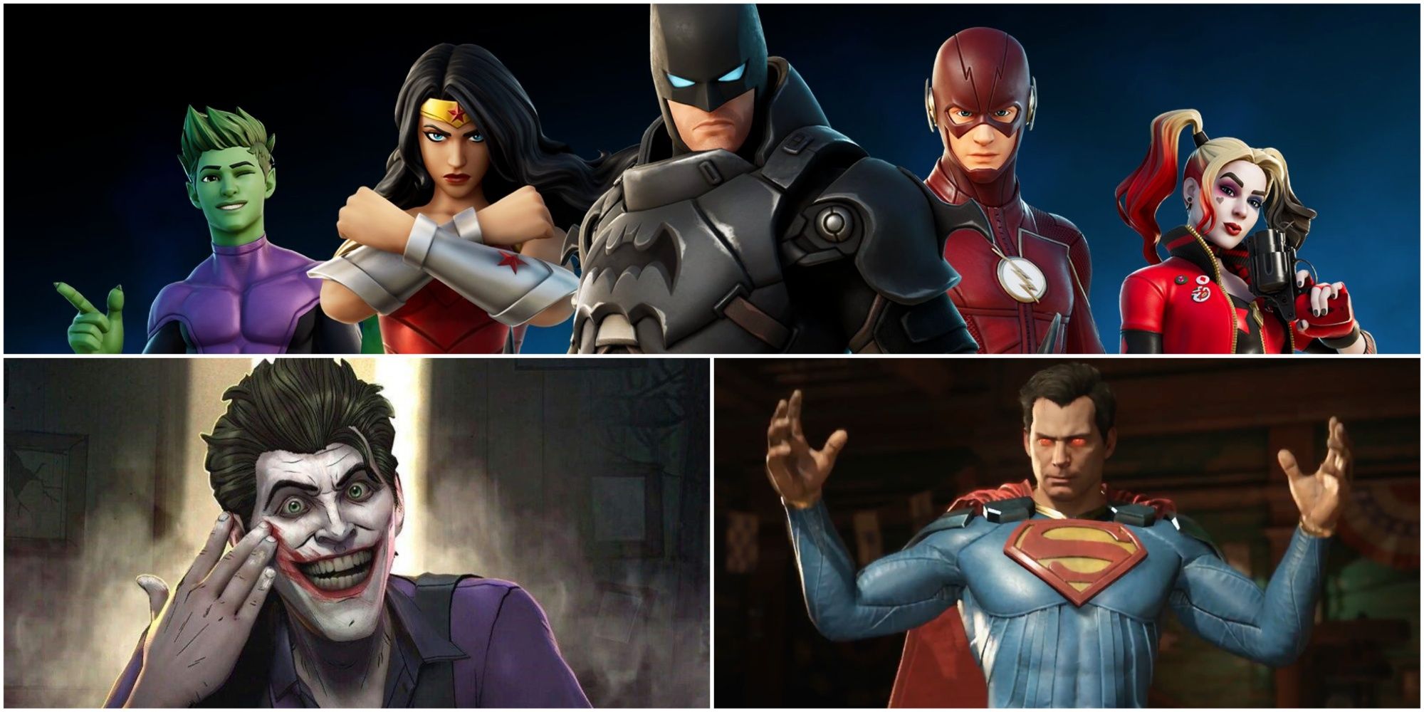 Split Image showing The Joker, Superman and other DC Characters.