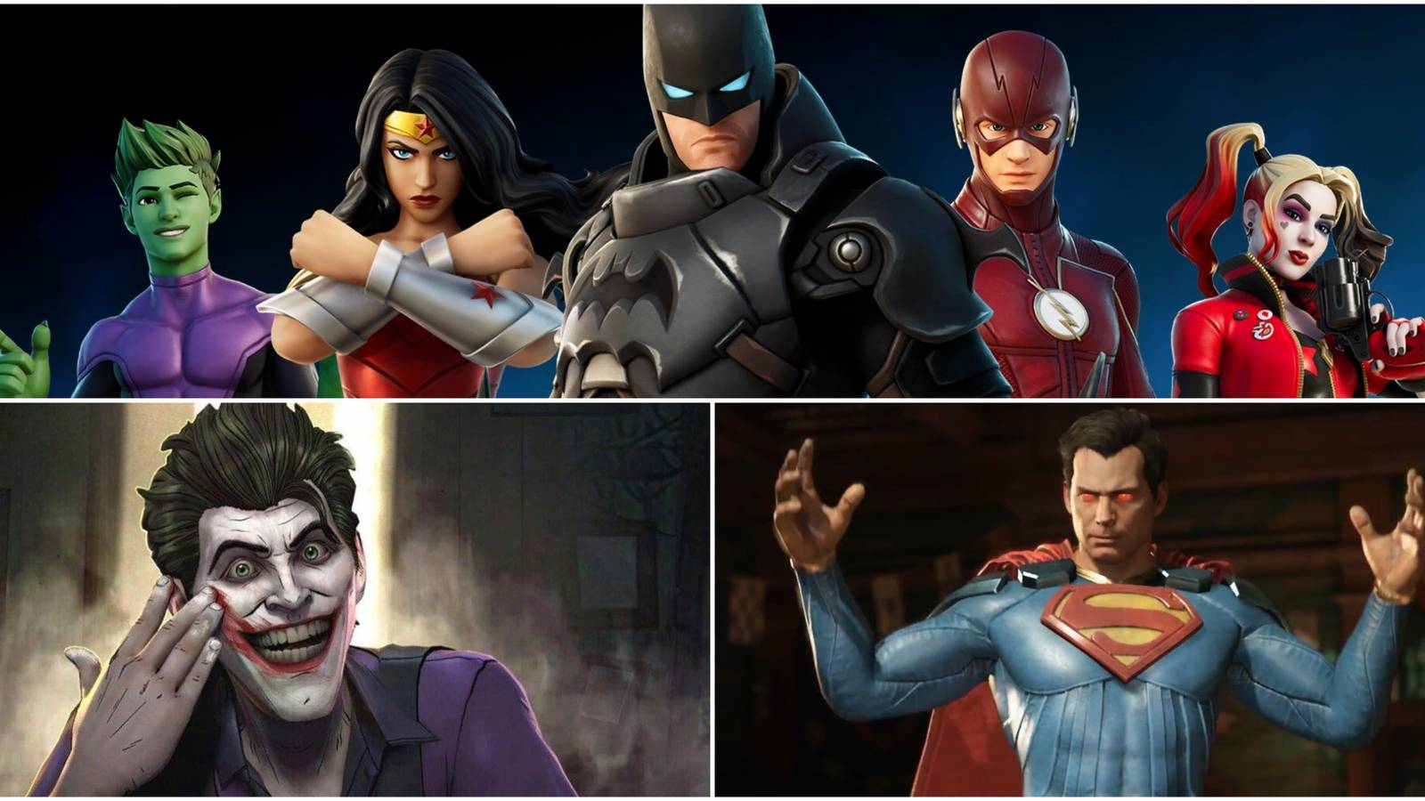 Split Image showing The Joker, Superman and other DC Characters.