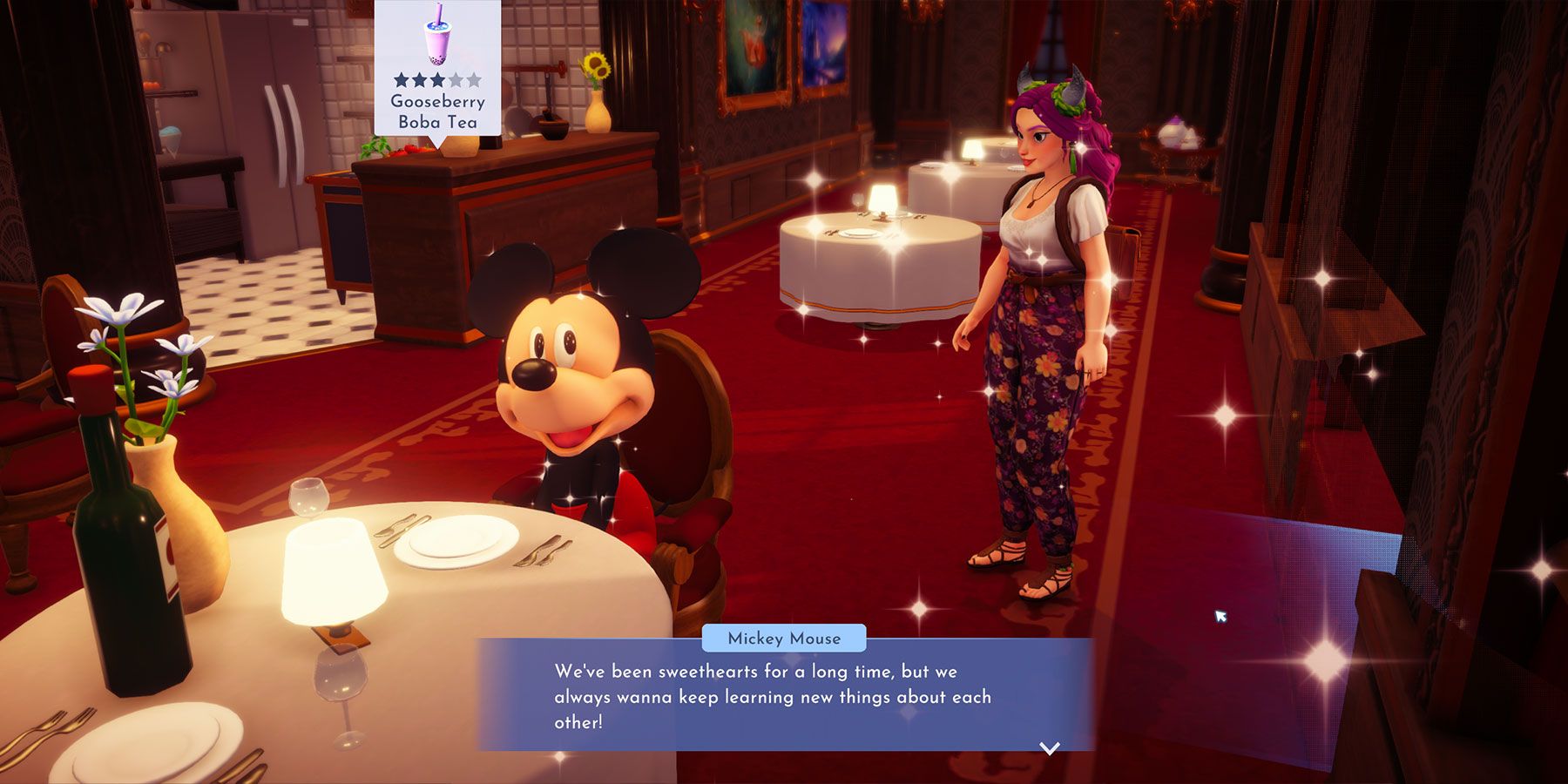 Recibiendo consejos de Mickey en Disney Dreamlight Valley.