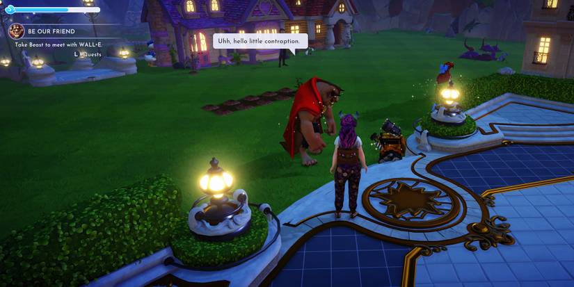 The Beast meeting WALL-E in Disney Dreamlight Valley.