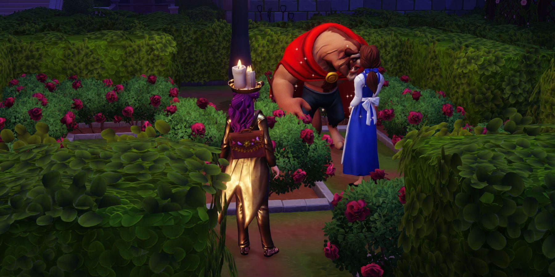 Belle and The Beast in the Garden in Beauty and the Beast realm in Disney Dreamlight Valley.