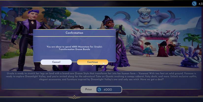 Buying Ursula Transformation Dream Bundle in Disney Dreamlight Valley.
