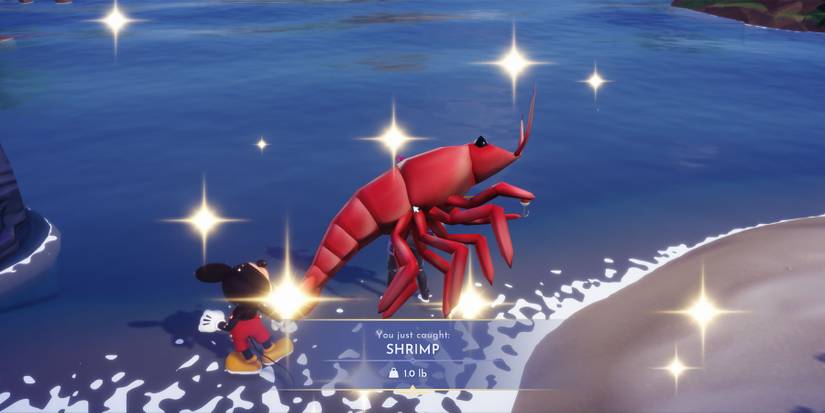 Catching shrimp in Disney Dreamlight Valley.