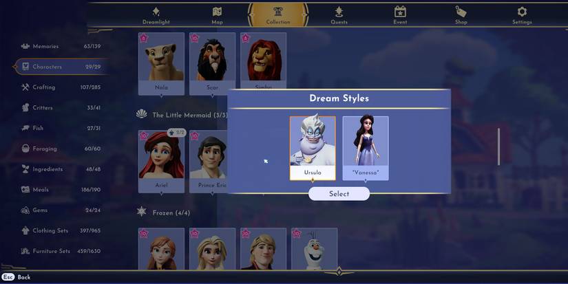 Equipping Ursula's Vanessa Dream Style in Disney Dreamlight Valley.