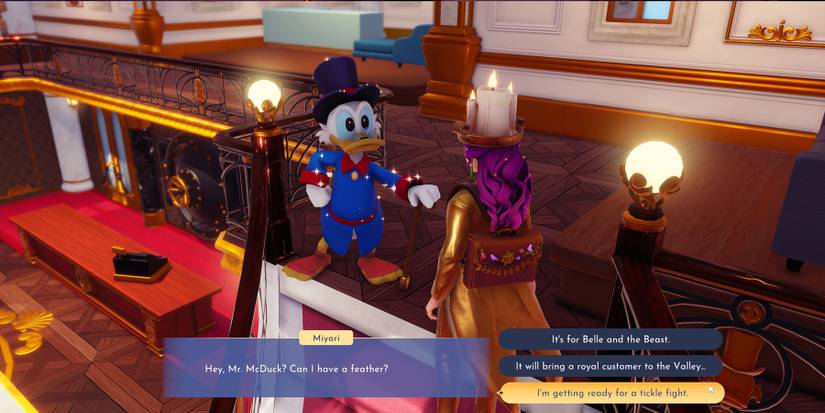 Asking Scrooge McDuck for a Feather in Disney Dreamlight Valley.