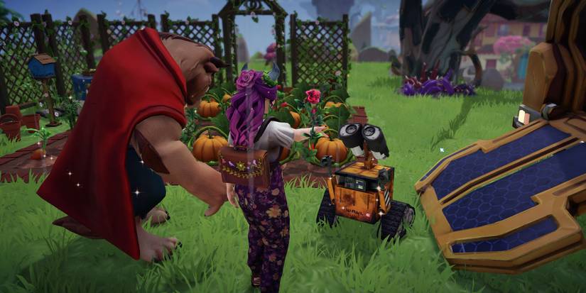 Giving WALL-E a rose in Disney Dreamlight Valley. 