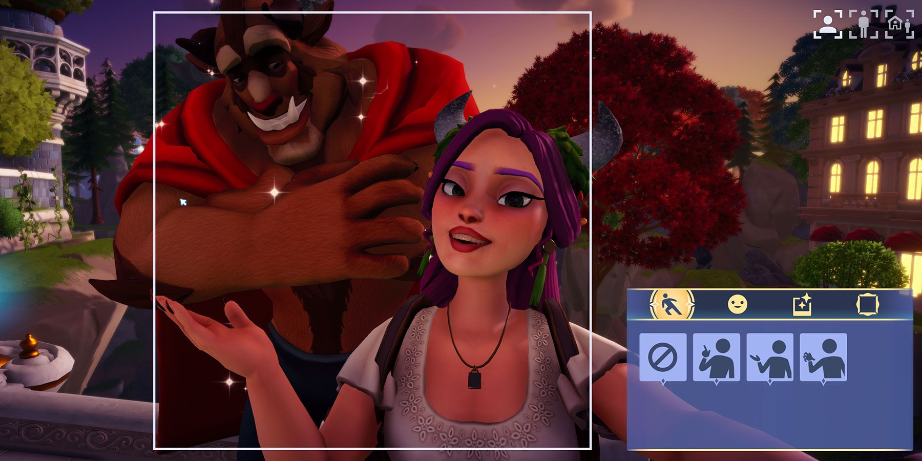 Taking selfies with The Beast in Disney Dreamlight Valley.