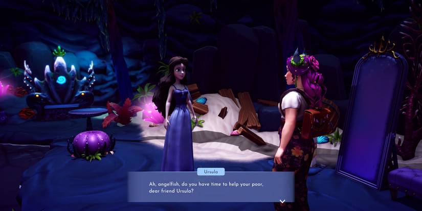 Speaking to Ursula as Vanessa in Disney Dreamlight Valley.