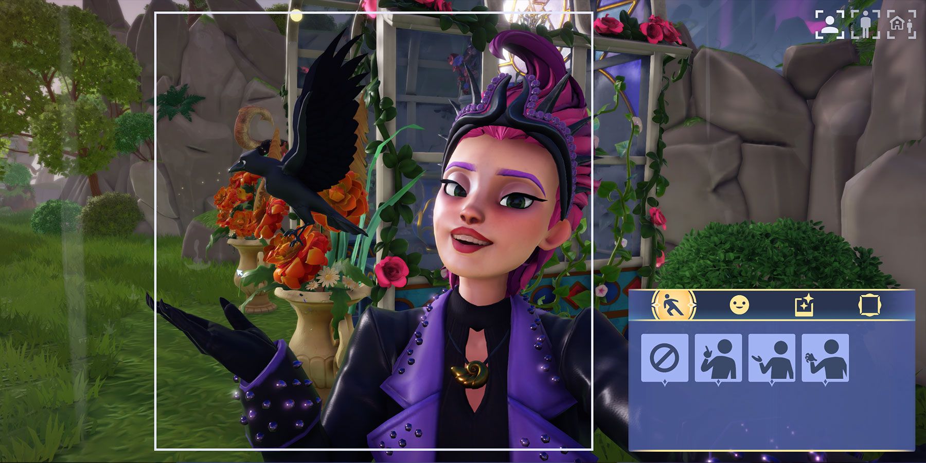 Tirando foto com Classic Raven no Disney Dreamlight Valley.