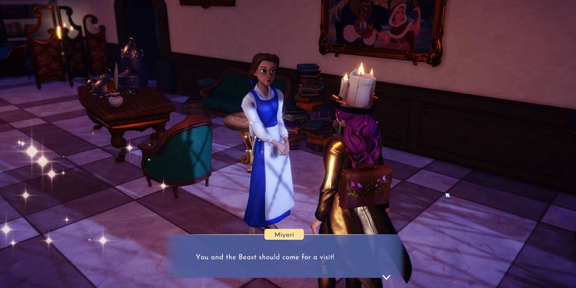 Disney Dreamlight Valley speaking to Belle in the Beauty and the Beast realm.