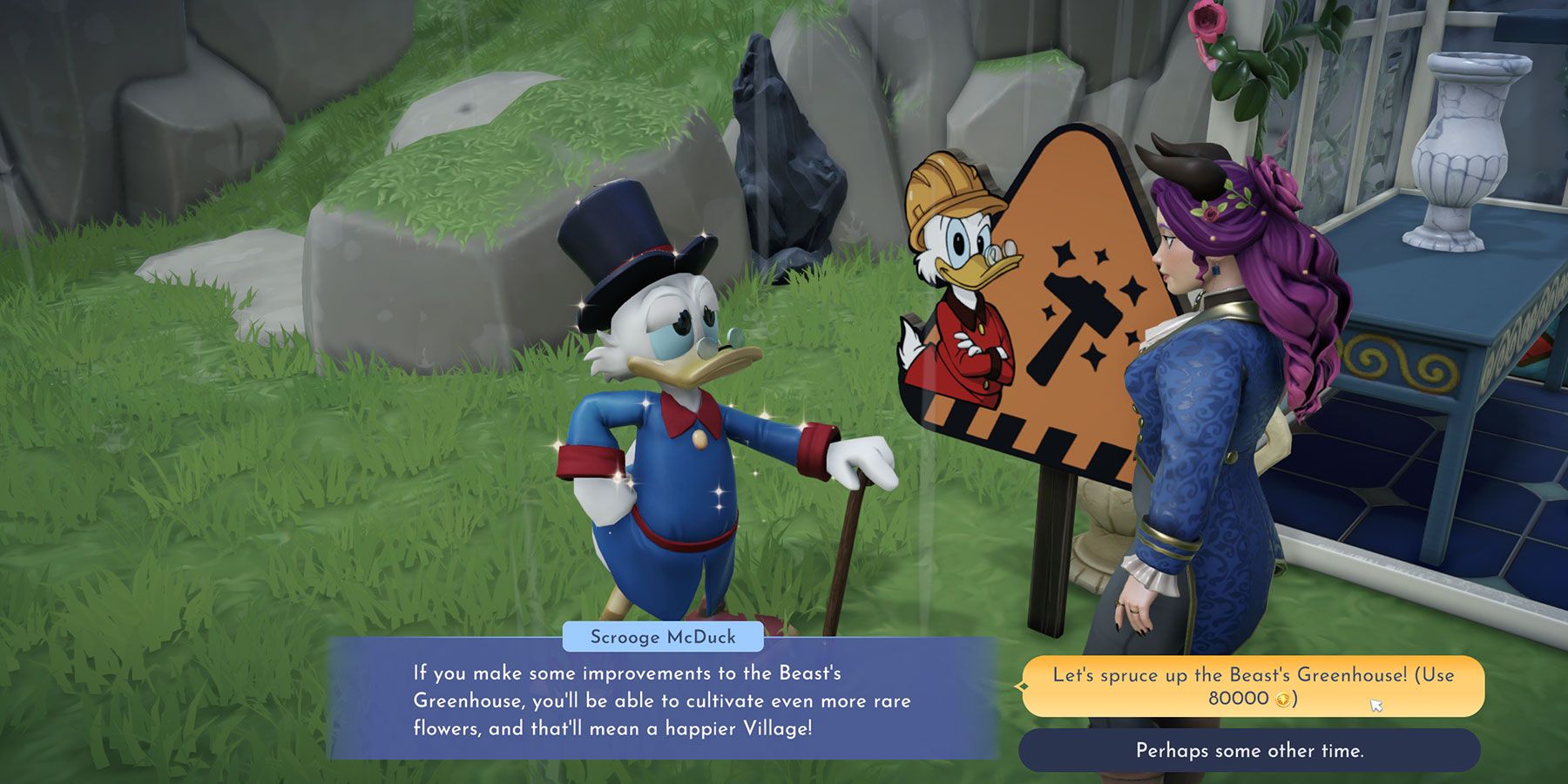 Paying Scrooge McDuck to upgrade The Beast's Greenhouse in Disney Dreamlight Valley.