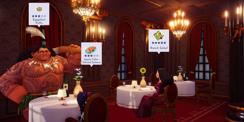 Villagers waiting to be served in Remy's Restaurant in Disney Dreamlight Valley
