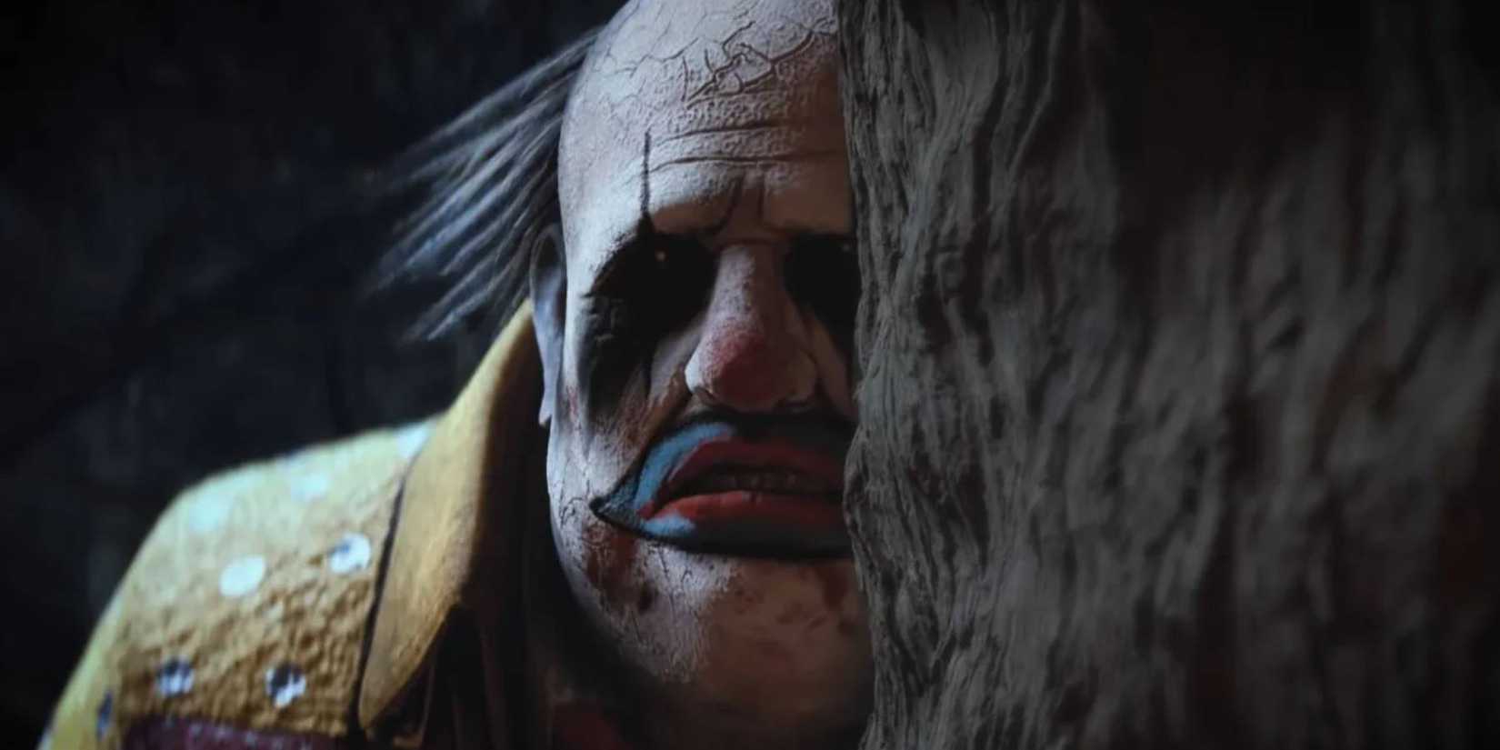 The Clown peeking from behind a tree in Dead By Daylight