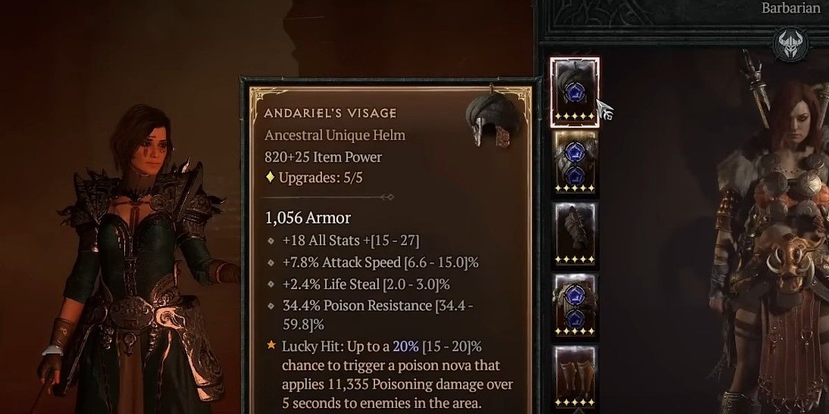 Diablo 4 Andariel's Visage stat card and Barbarian showcase