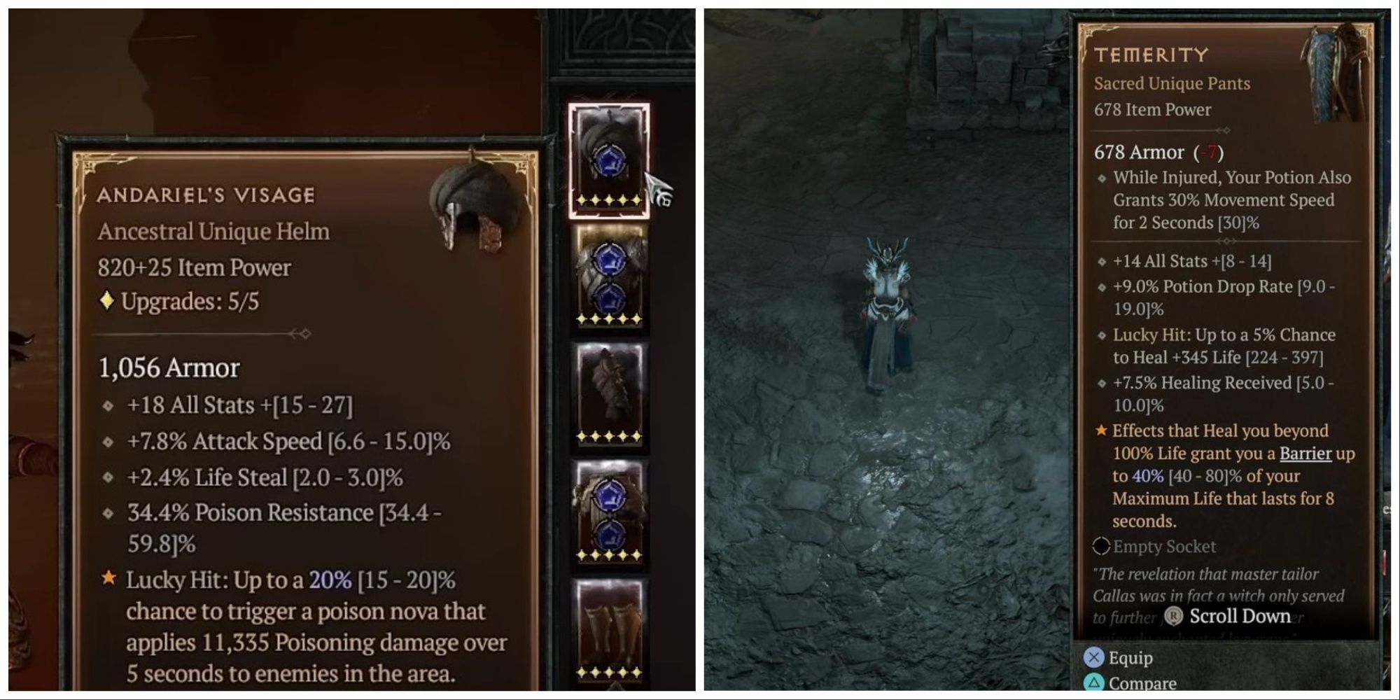 Diablo 4 Rarest Items featured Andariel's Visage and Temerity split image