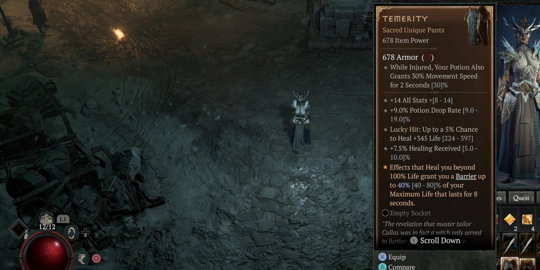 Diablo 4 Temerity player in village with stat screen