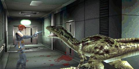Regina battling a Velociraptor in Dino Crisis