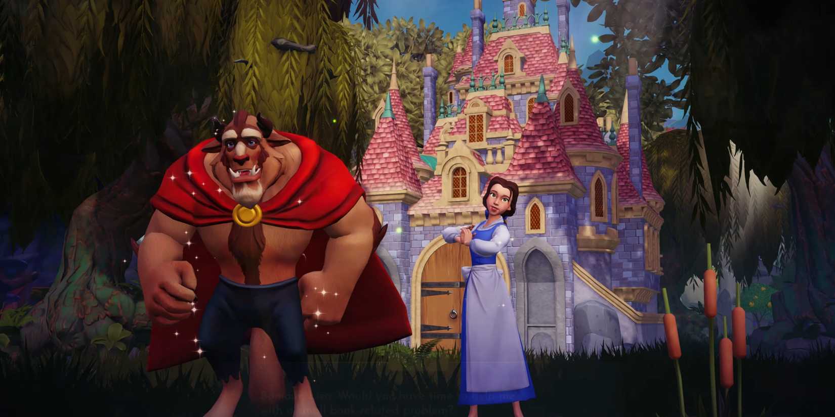 disney dreamlight valley beast belle in front of castle