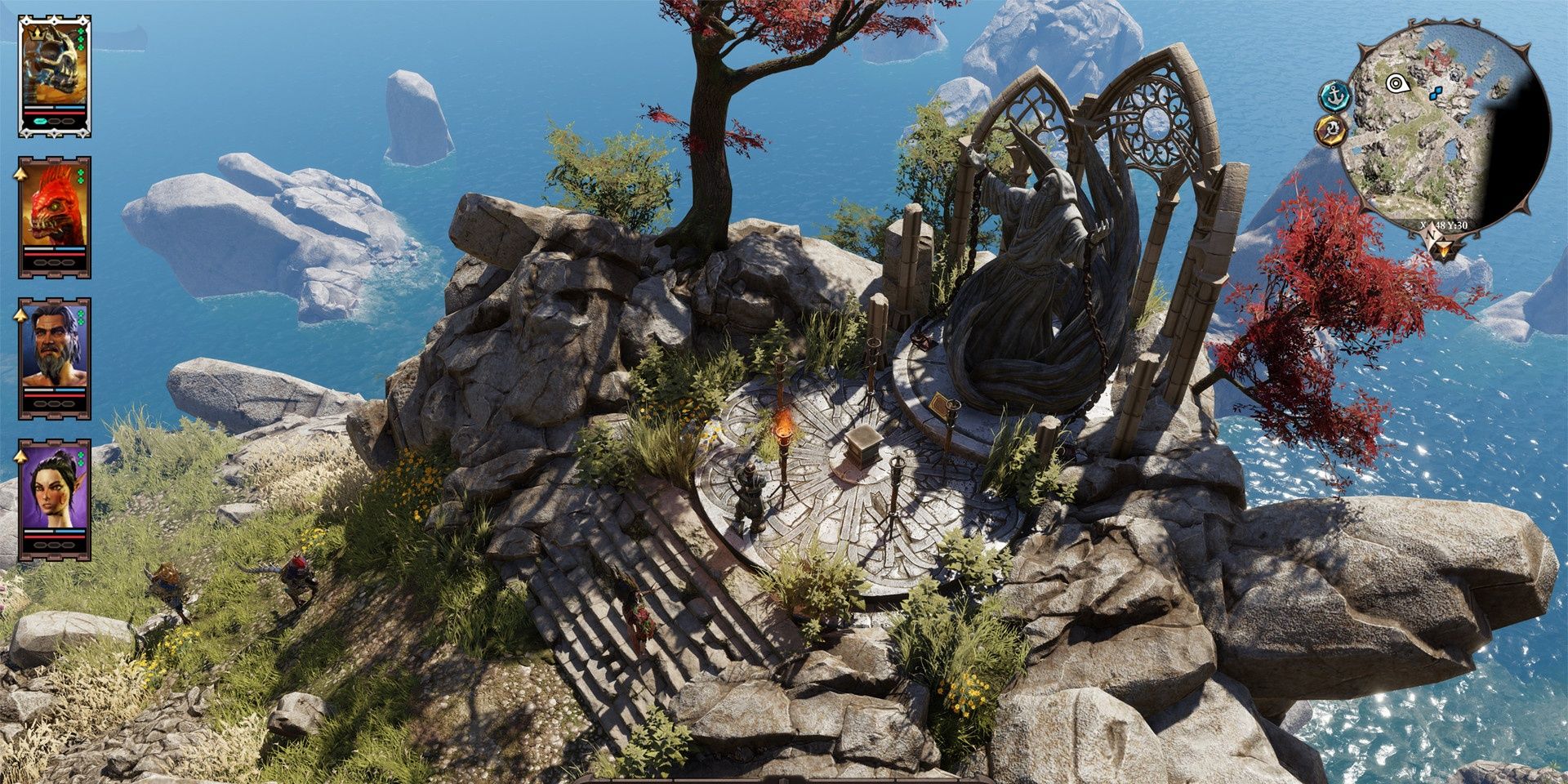A statue and shrine that is located on a cliffside high above water in Divinity Original Sin 2. A single torch is lit in front of it.