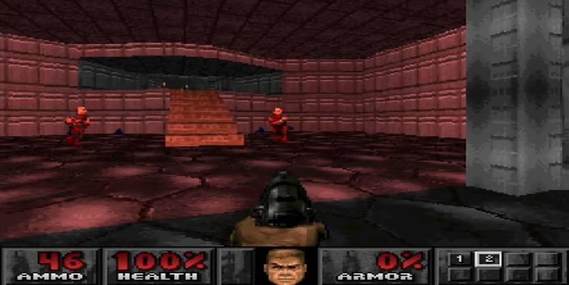 A pink room with stairs, two shotgunners and a few health bonuses are nearby