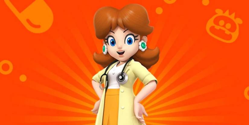 Daisy in front of an orange background in Dr Mario World 