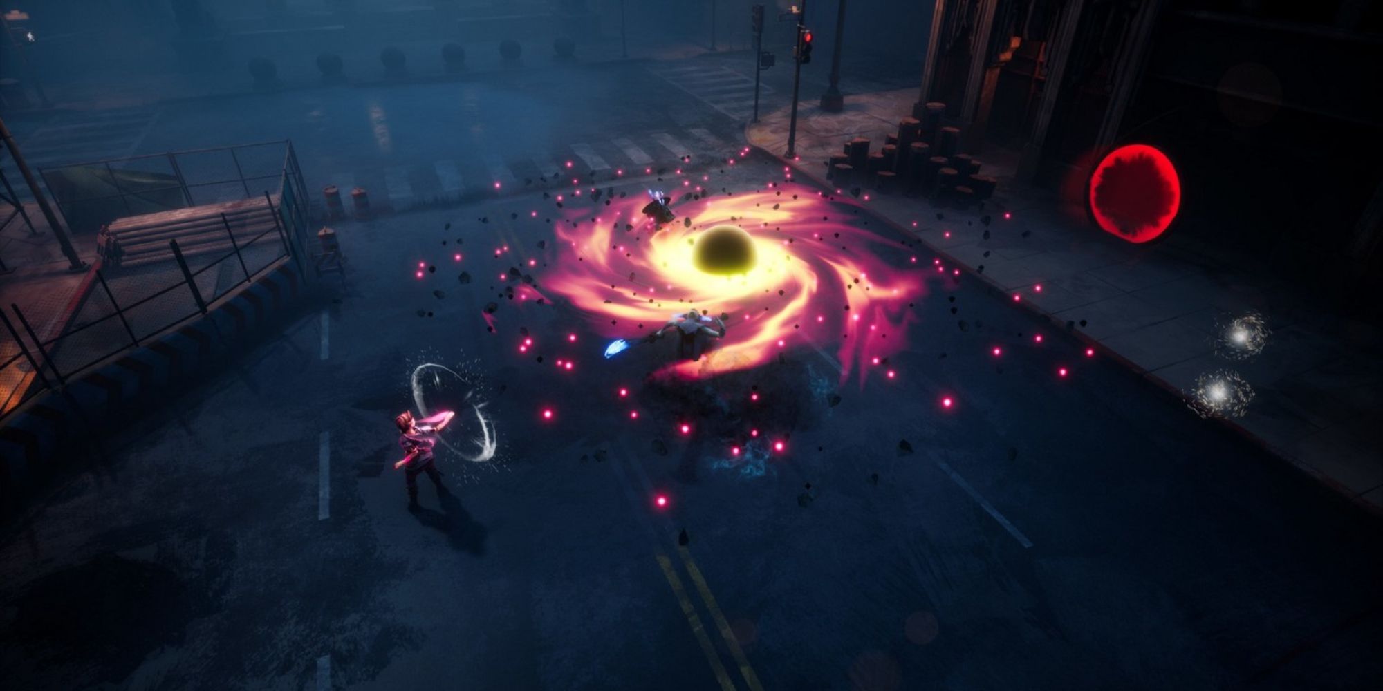 A player summoning a black hole in a parking lot in Dreamscaper